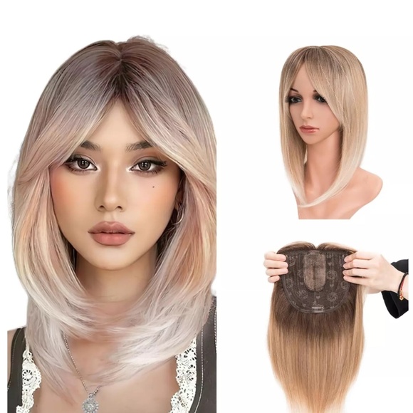 Hair Toppers with Bangs 6x6 Lace Base 14 inch Brown Mixed Blonde - Picture 2 of 5